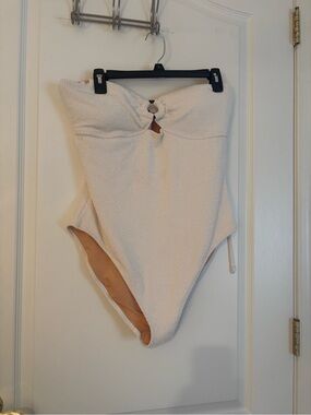 J. Crew Cream Textured Strapless One-Piece Swimsuit with Front Ring